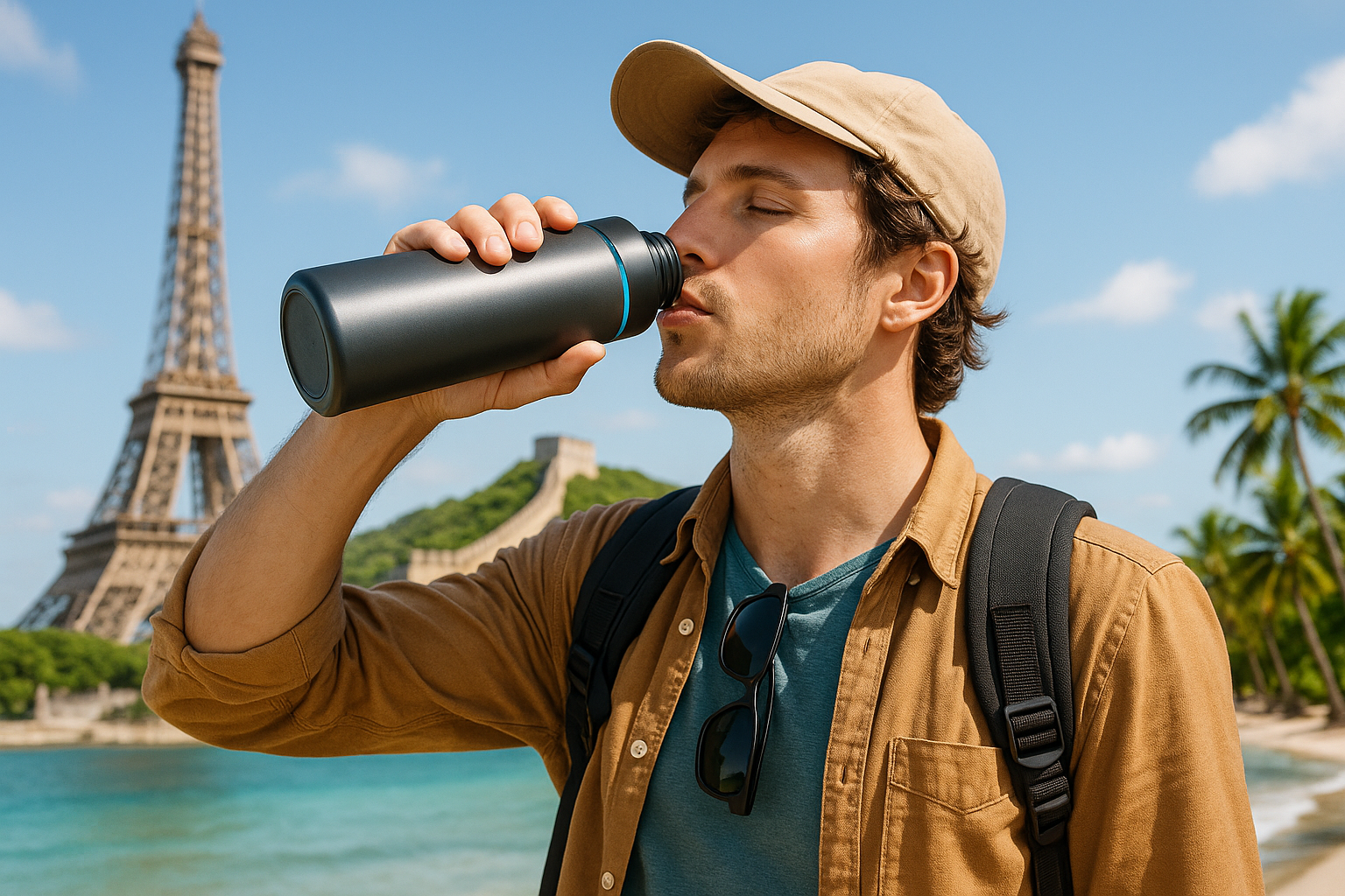 A stylish, modern traveler drinking clean water from a sleek portable UVC water bottle, surrounded by iconic international landmarks like the Eiffel Tower, Great Wall of China, and tropical beaches in the background, bright natural lighting, vibrant colors, adventure and travel vibe, emphasizing health, safety, and convenience, realistic, high-resolution, lifestyle photography style.